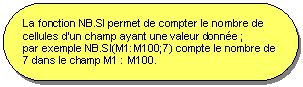 Rectangle  coins arrondis: La fonction NB.SI permet de compter le nombre de cellules d'un champ ayant une valeur donne ;
par exemple NB.SI(M1:M100;7) compte le nombre de 7 dans le champ M1 : M100.
